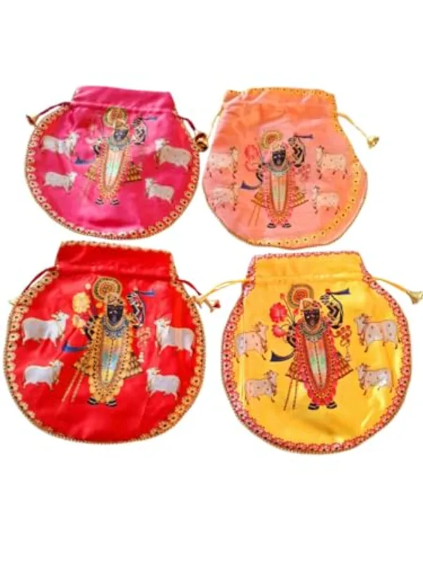 Pack_of_3_Multicolor_Shrinathji_Digital_Print_Potli_Bags_For_Gift,_Shagun_With_Pearl_Handle