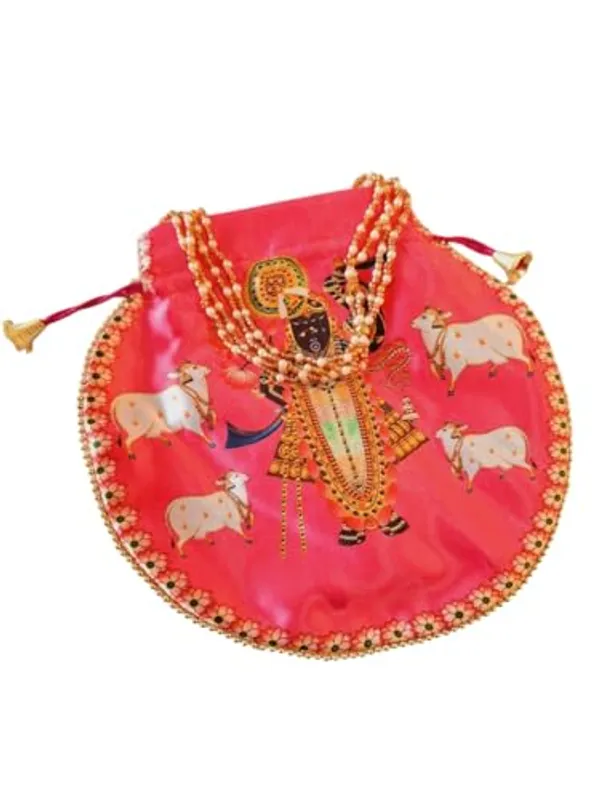 Pack_of_3_Multicolor_Shrinathji_Digital_Print_Potli_Bags_For_Gift,_Shagun_With_Pearl_Handle