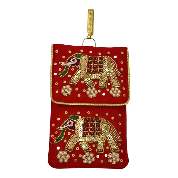 Red_Womens_Pearl_Silk_Saree_Mobile_Pouch_With_Waist_Clip_|_Designer_Pearl_Beads_Studded_Handmade_Mobile_Pouch_With_Elephant_Embroidery