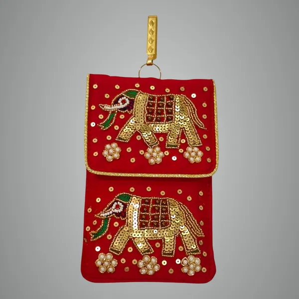 Red_Womens_Pearl_Silk_Saree_Mobile_Pouch_With_Waist_Clip_|_Designer_Pearl_Beads_Studded_Handmade_Mobile_Pouch_With_Elephant_Embroidery