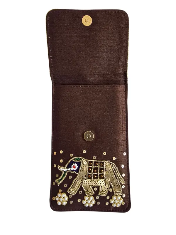Brown_Womens_Pearl_Silk_Saree_Mobile_Pouch_With_Waist_Clip_|_Designer_Pearl_Beads_Studded_Handmade_Mobile_Pouch_With_Elephant_Embroidery