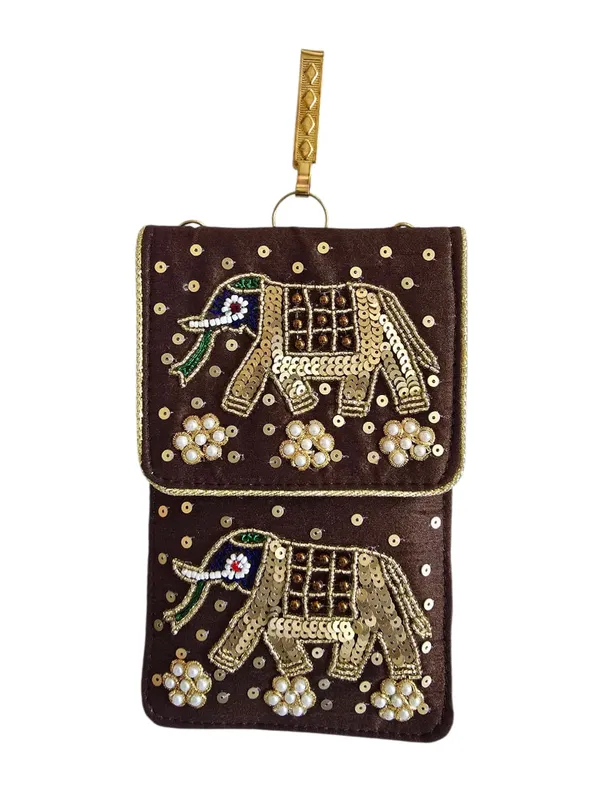 Brown_Womens_Pearl_Silk_Saree_Mobile_Pouch_With_Waist_Clip_|_Designer_Pearl_Beads_Studded_Handmade_Mobile_Pouch_With_Elephant_Embroidery