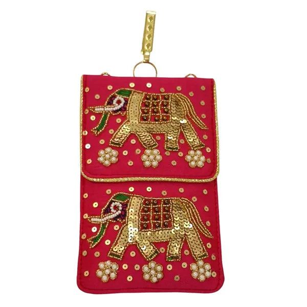Red_Womens_Pearl_Silk_Saree_Mobile_Pouch_With_Waist_Clip_|_Designer_Pearl_Beads_Studded_Handmade_Mobile_Pouch_With_Elephant_Embroidery