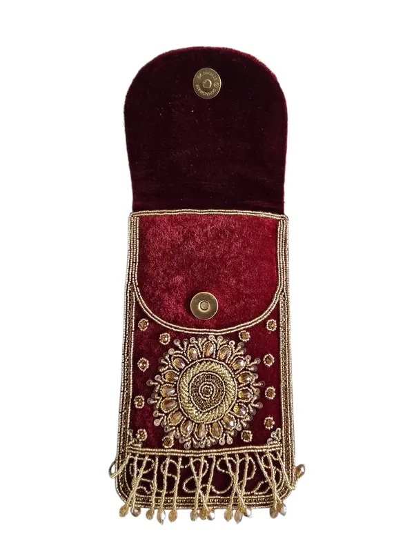 Maroon_Mobile_Pouch_Zardozi_Hand_Embroidery_With_Waist_Clip_Hook_&_Sling_Chain_(removable)_|_Ladies_Women’s_Handbag_Wallet_Sling_Purse_|_Party_Wedding_Festival_Giveaways_Gift