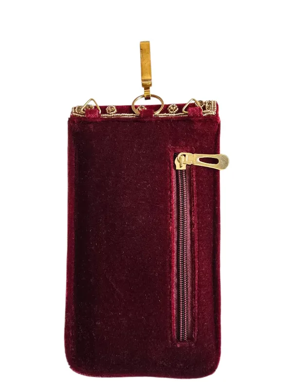 Maroon_Mobile_Pouch_Zardozi_Hand_Embroidery_With_Waist_Clip_Hook_&_Sling_Chain_(removable)_|_Ladies_Women’s_Handbag_Wallet_Sling_Purse_|_Party_Wedding_Festival_Giveaways_Gift