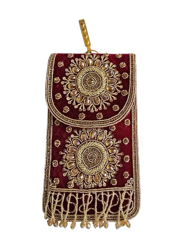 Maroon_Mobile_Pouch_Zardozi_Hand_Embroidery_With_Waist_Clip_Hook_&_Sling_Chain_(removable)_|_Ladies_Women’s_Handbag_Wallet_Sling_Purse_|_Party_Wedding_Festival_Giveaways_Gift