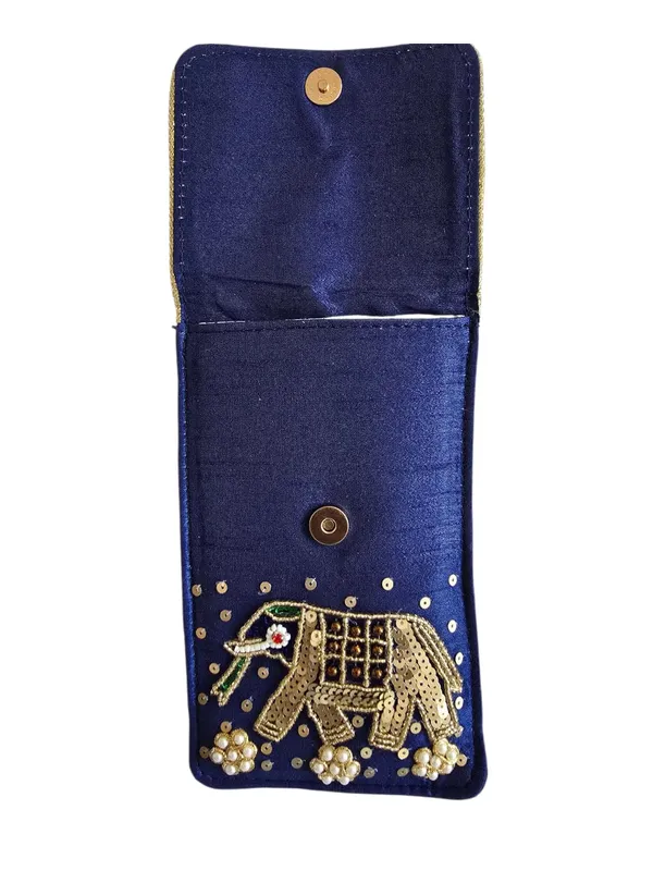 Navy_Blue_Womens_Pearl_Silk_Saree_Mobile_Pouch_With_Waist_Clip_|_Designer_Pearl_Beads_Studded_Handmade_Mobile_Pouch_With_Elephant_Embroidery