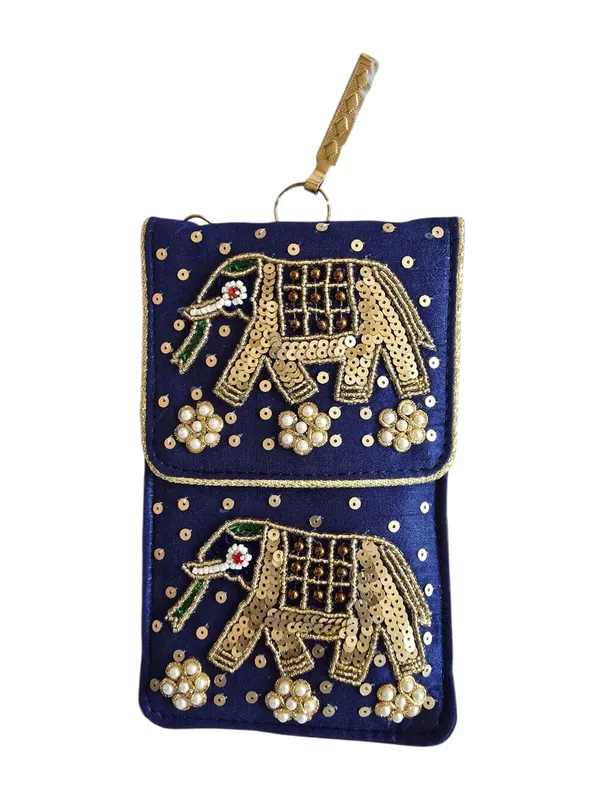 Navy_Blue_Womens_Pearl_Silk_Saree_Mobile_Pouch_With_Waist_Clip_|_Designer_Pearl_Beads_Studded_Handmade_Mobile_Pouch_With_Elephant_Embroidery