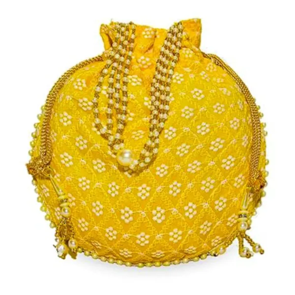 Yellow_Chikankari_Raw_Silk_Drawstring_Rajasthani_Style_Potli_Bag_|_Bridal_Clutch_Purse_For_Women