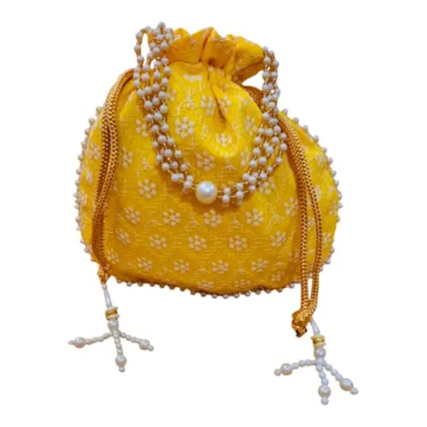 Yellow_Chikankari_Raw_Silk_Drawstring_Rajasthani_Style_Potli_Bag_|_Bridal_Clutch_Purse_For_Women