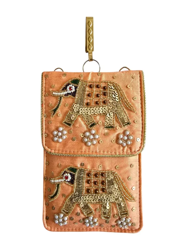 Orange_Womens_Pearl_Silk_Saree_Mobile_Pouch_With_Waist_Clip_|_Designer_Pearl_Beads_Studded_Handmade_Mobile_Pouch_With_Elephant_Embroidery