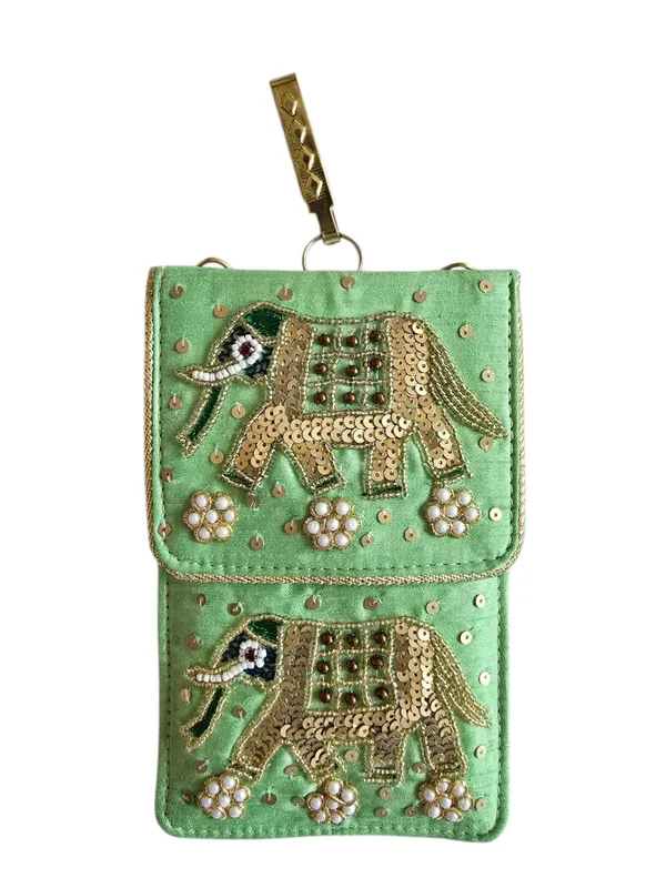 Pista_Green_Womens_Pearl_Silk_Saree_Mobile_Pouch_With_Waist_Clip_|_Designer_Pearl_Beads_Studded_Handmade_Mobile_Pouch_With_Elephant_Embroidery