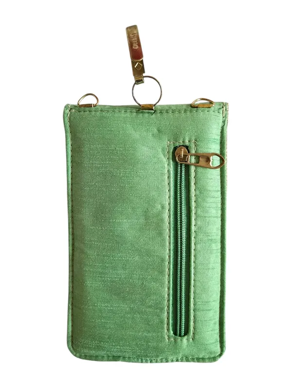 Pista_Green_Womens_Pearl_Silk_Saree_Mobile_Pouch_With_Waist_Clip_|_Designer_Pearl_Beads_Studded_Handmade_Mobile_Pouch_With_Elephant_Embroidery