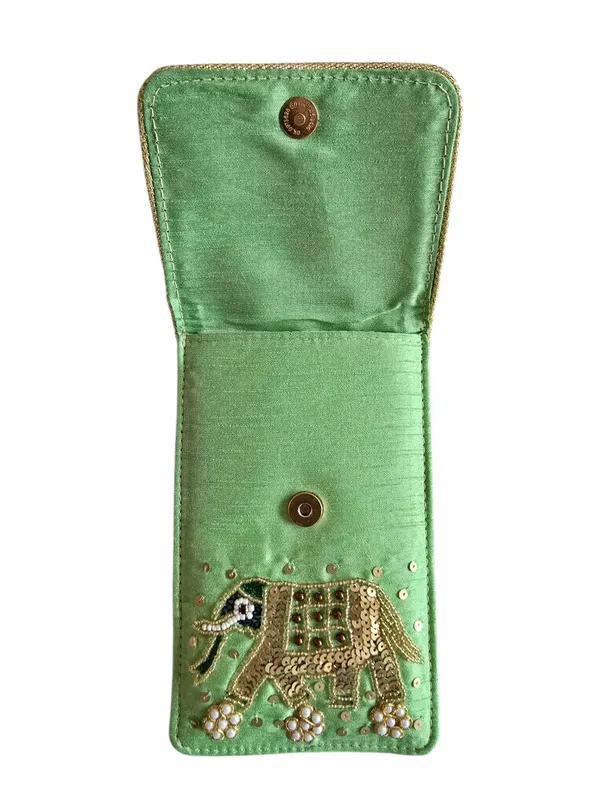 Pista_Green_Womens_Pearl_Silk_Saree_Mobile_Pouch_With_Waist_Clip_|_Designer_Pearl_Beads_Studded_Handmade_Mobile_Pouch_With_Elephant_Embroidery