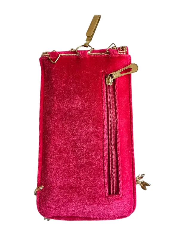 Red_Mobile_Pouch_Zardozi_Hand_Embroidery_With_Waist_Clip_Hook_&_Sling_Chain_(removable)_|_Ladies_Women’s_Handbag_Wallet_Sling_Purse_|_Party_Wedding_Festival_Giveaways_Gift
