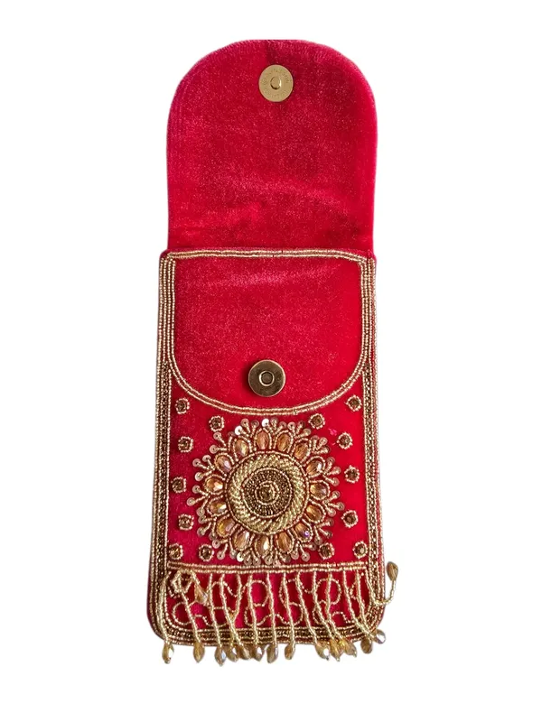 Red_Mobile_Pouch_Zardozi_Hand_Embroidery_With_Waist_Clip_Hook_&_Sling_Chain_(removable)_|_Ladies_Women’s_Handbag_Wallet_Sling_Purse_|_Party_Wedding_Festival_Giveaways_Gift