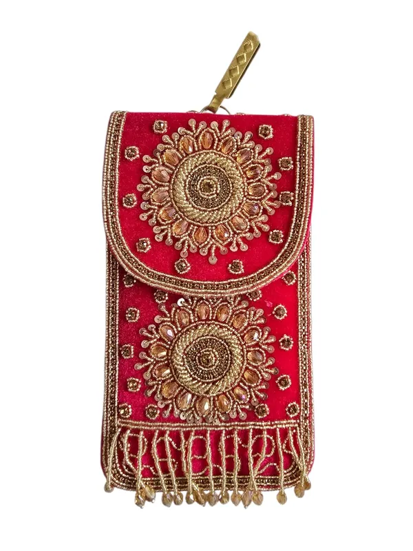 Red_Mobile_Pouch_Zardozi_Hand_Embroidery_With_Waist_Clip_Hook_&_Sling_Chain_(removable)_|_Ladies_Women’s_Handbag_Wallet_Sling_Purse_|_Party_Wedding_Festival_Giveaways_Gift