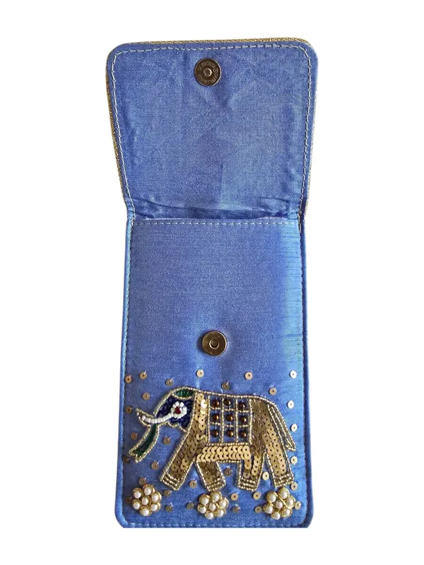 Sky_Blue_Womens_Pearl_Silk_Saree_Mobile_Pouch_With_Waist_Clip_|_Designer_Pearl_Beads_Studded_Handmade_Mobile_Pouch_With_Elephant_Embroidery