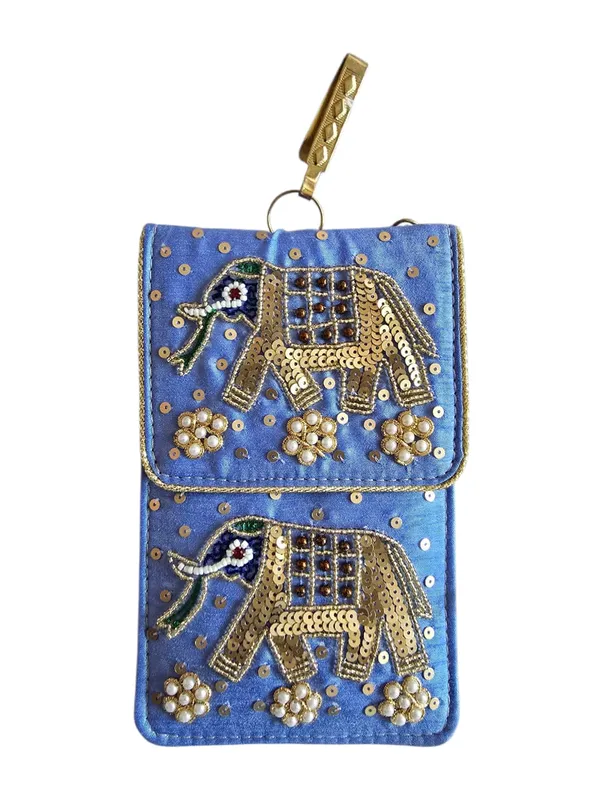 Sky_Blue_Womens_Pearl_Silk_Saree_Mobile_Pouch_With_Waist_Clip_|_Designer_Pearl_Beads_Studded_Handmade_Mobile_Pouch_With_Elephant_Embroidery