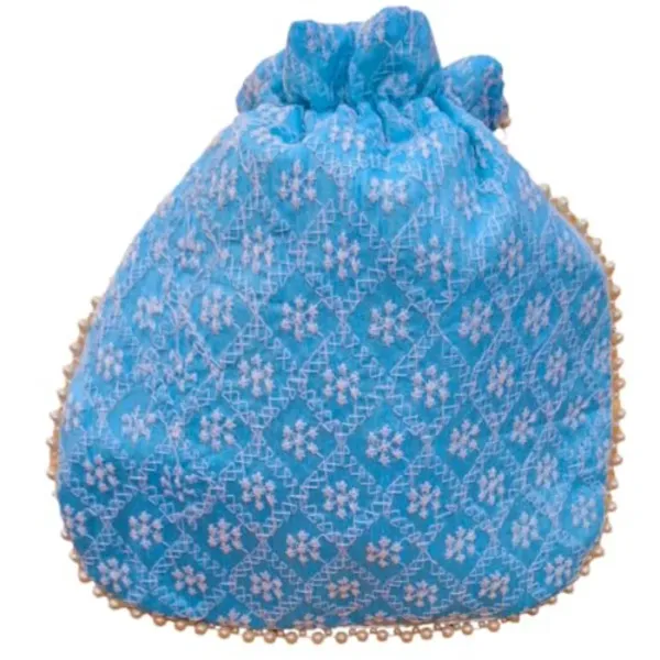 Pack_Of_2_Sky_Blue_Chikankari_Raw_Silk_Drawstring_Rajasthani_Style_Potli_Bag_|_Bridal_Clutch_Purse_For_Women