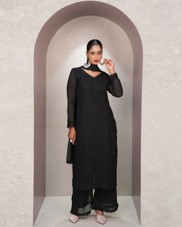 Black_Georgette_Chikankari_embroidery_3_pcs_suit_For_Women