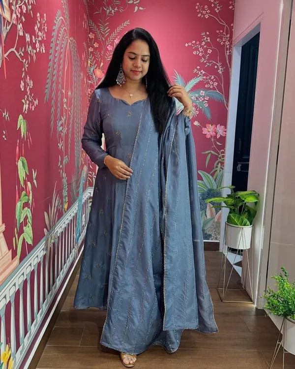 Blue_Chinon_Anarkali-style_kurti_and_dupatta_For_Women