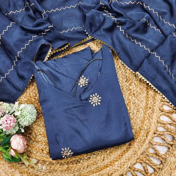 Blue_Chinon_Anarkali-style_kurti_and_dupatta_For_Women