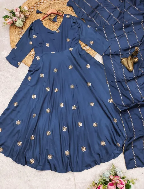 Blue_Chinon_Anarkali-style_kurti_and_dupatta_For_Women