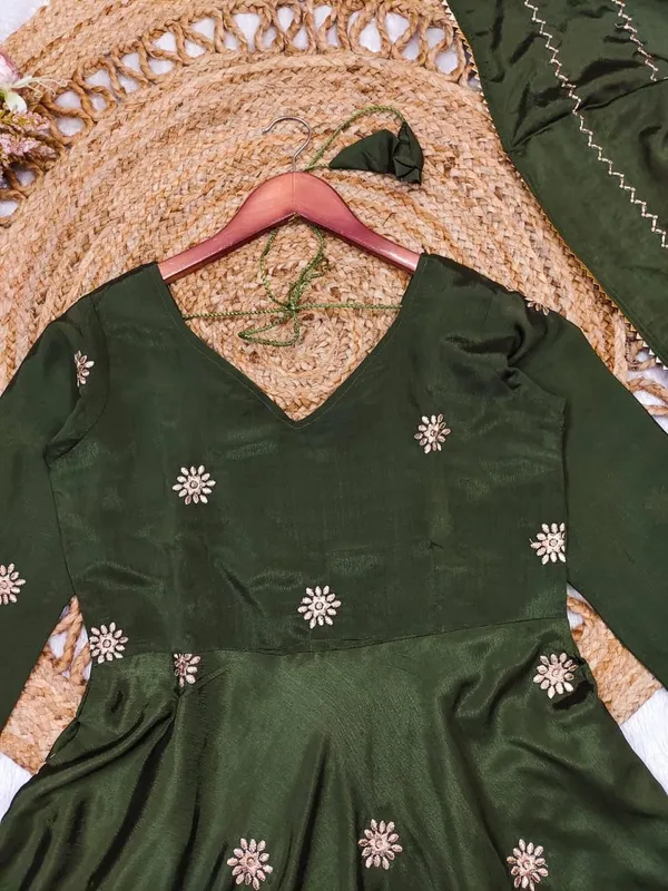 Green_Chinon_Anarkali-style_kurti_and_dupatta_For_Women