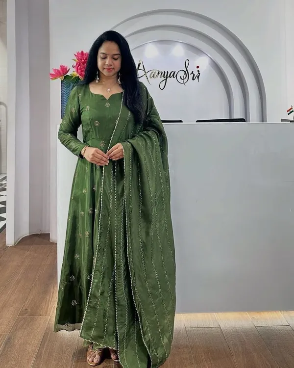 Green_Chinon_Anarkali-style_kurti_and_dupatta_For_Women