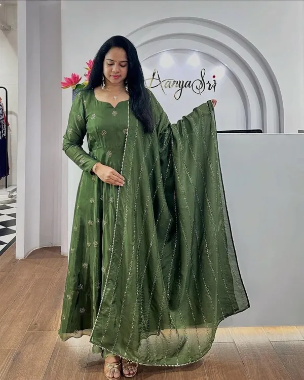 Green_Chinon_Anarkali-style_kurti_and_dupatta_For_Women