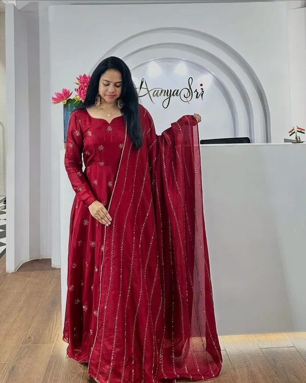 Maroon_Chinon_Anarkali-style_kurti_and_dupatta_For_Women