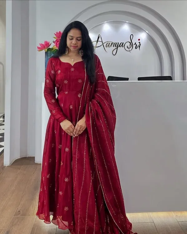 Maroon_Chinon_Anarkali-style_kurti_and_dupatta_For_Women