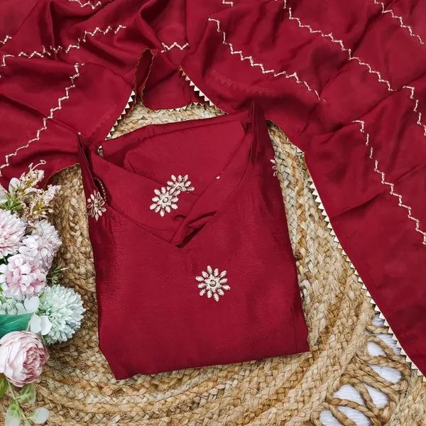 Maroon_Chinon_Anarkali-style_kurti_and_dupatta_For_Women