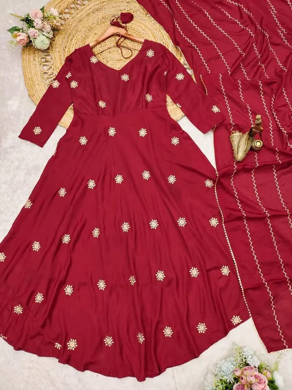 Maroon_Chinon_Anarkali-style_kurti_and_dupatta_For_Women
