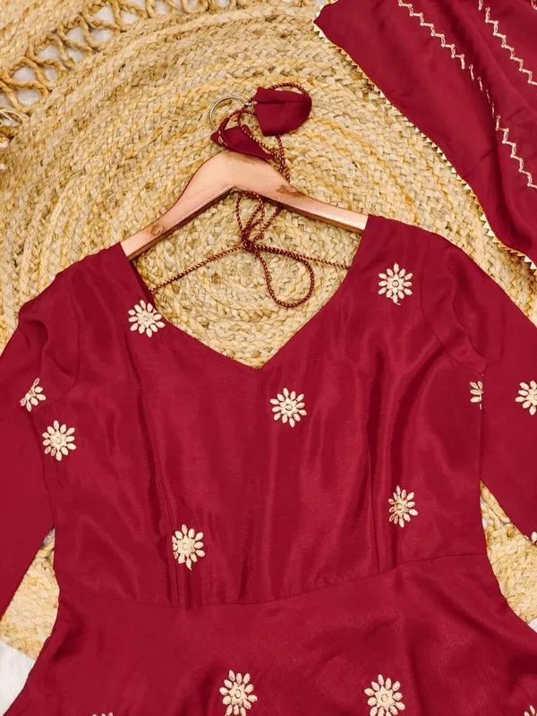 Maroon_Chinon_Anarkali-style_kurti_and_dupatta_For_Women