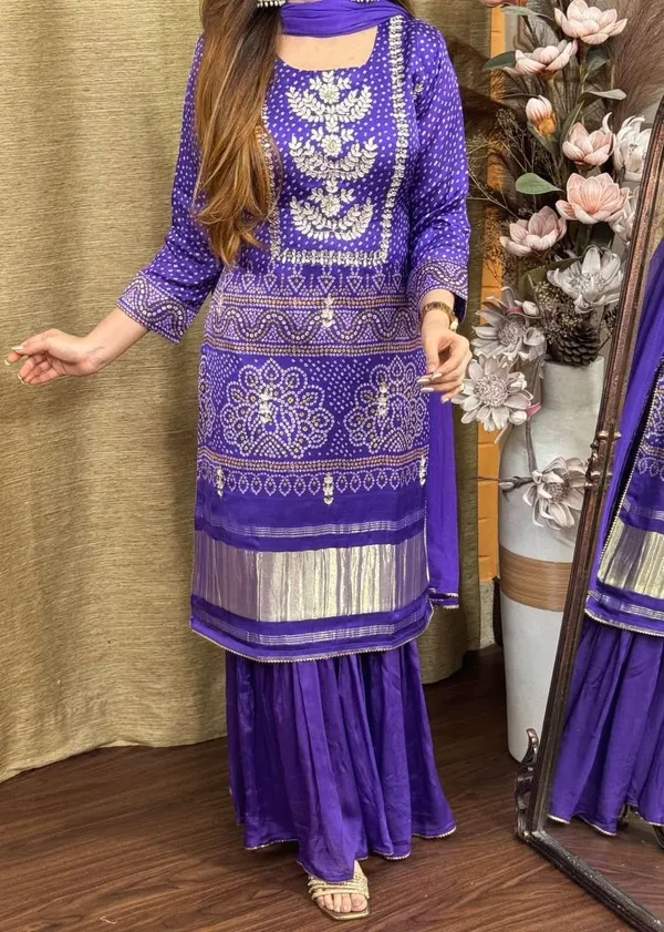 Purple_Chinon_Kurta_Set_Bandhani-style_print_with_detailed_gold_embroidery_For_Women