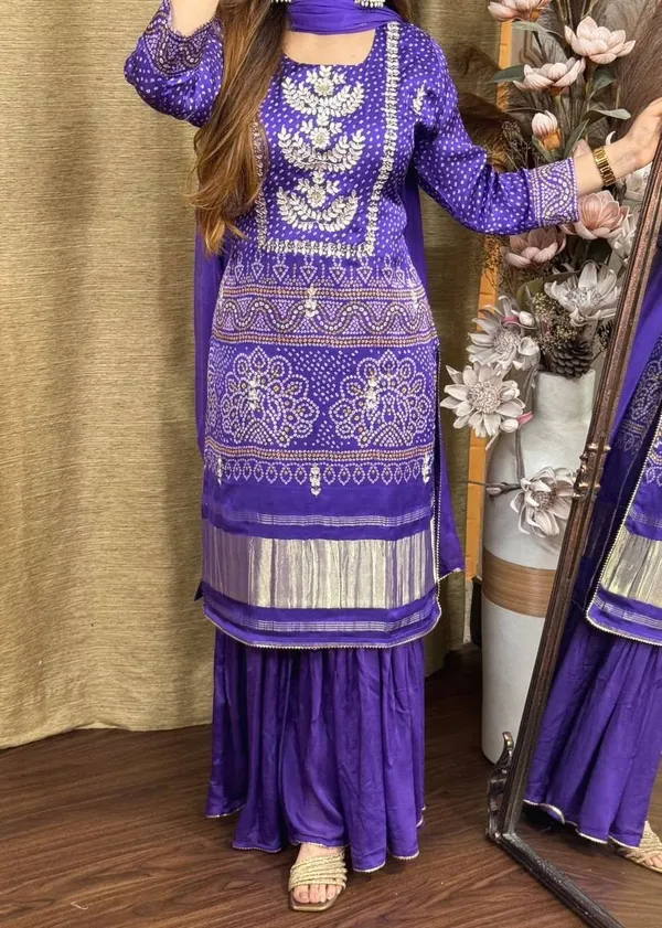 Purple_Chinon_Kurta_Set_Bandhani-style_print_with_detailed_gold_embroidery_For_Women