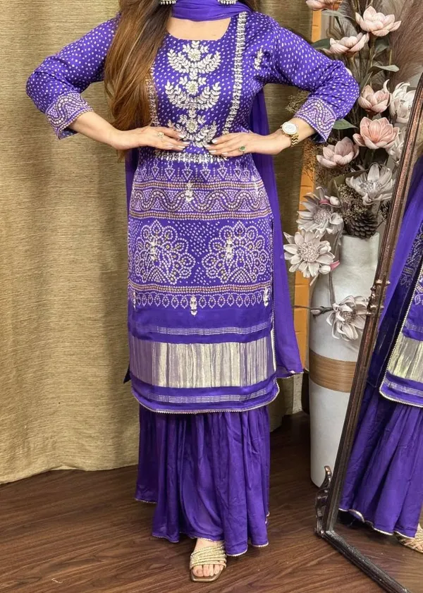 Purple_Chinon_Kurta_Set_Bandhani-style_print_with_detailed_gold_embroidery_For_Women
