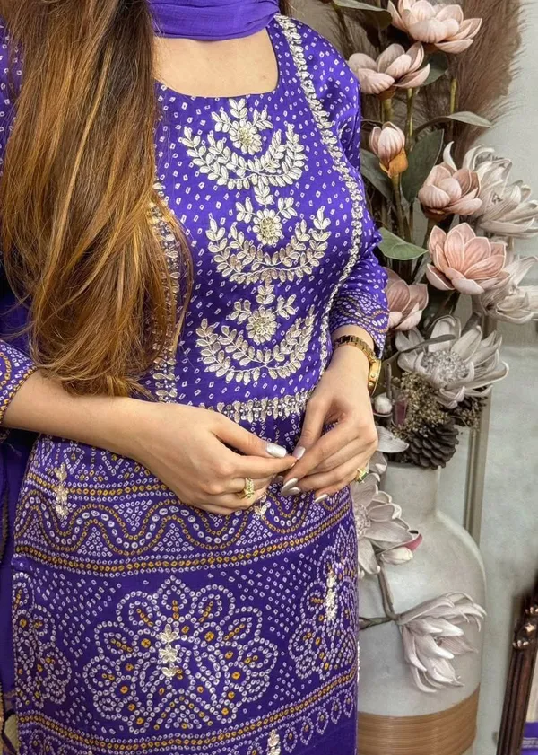 Purple_Chinon_Kurta_Set_Bandhani-style_print_with_detailed_gold_embroidery_For_Women