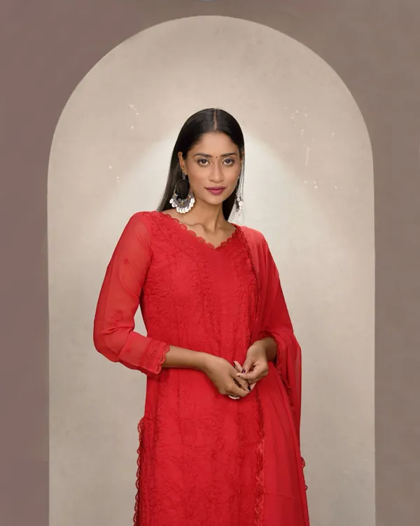 Red_Georgette_Chikankari_Embroidery_3_pcs_suit_For_Women