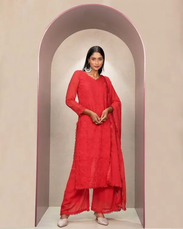 Red_Georgette_Chikankari_Embroidery_3_pcs_suit_For_Women