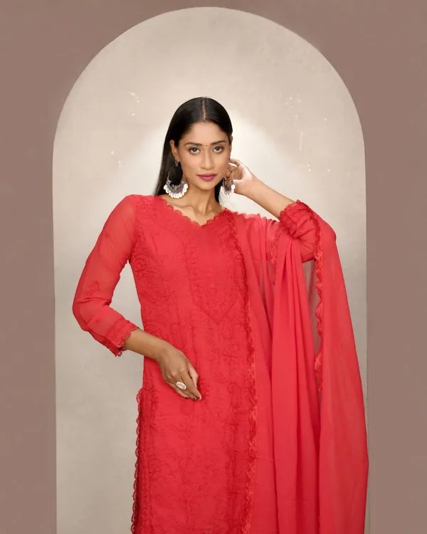 Red_Georgette_Chikankari_Embroidery_3_pcs_suit_For_Women
