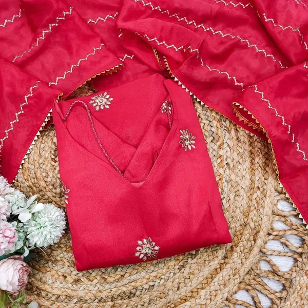 Red_Chinon_Anarkali-style_kurti_and_dupatta_For_Women