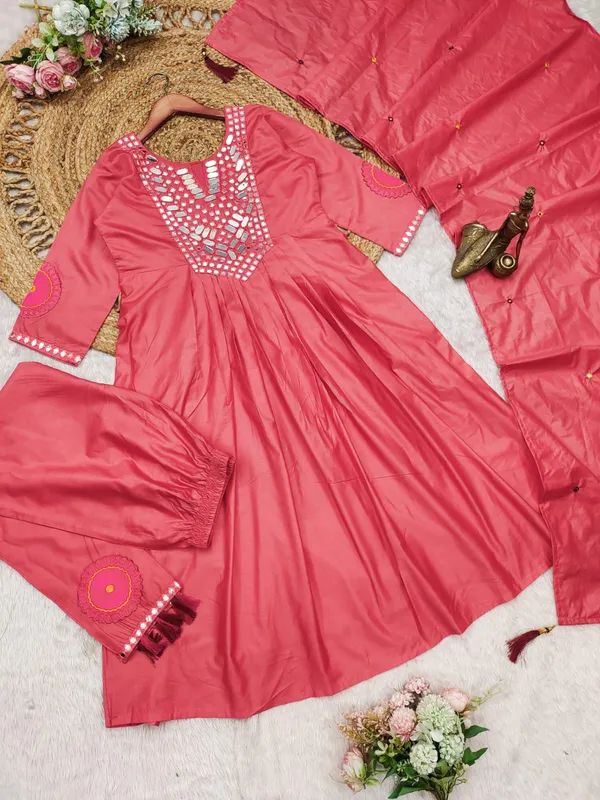Red_Muslin_Cotton_Mirror_Work_Kurti_Set_For_Women