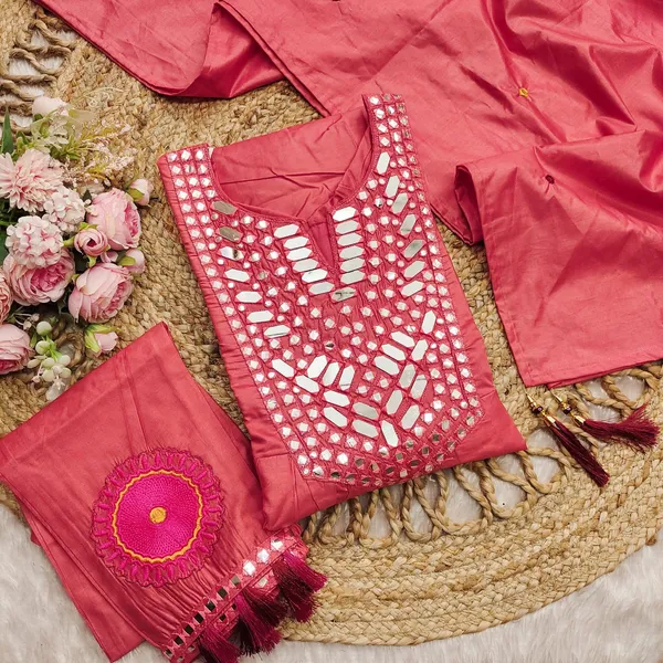 Red_Muslin_Cotton_Mirror_Work_Kurti_Set_For_Women