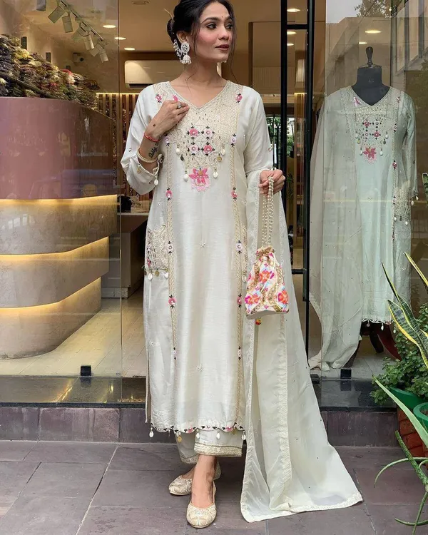White_Rayon_Embroidered_&_Sequence_Work_Kurta_Pant_&_Dupatta_For_Women