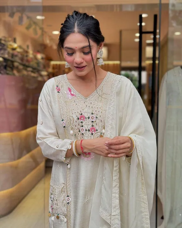White_Rayon_Embroidered_&_Sequence_Work_Kurta_Pant_&_Dupatta_For_Women