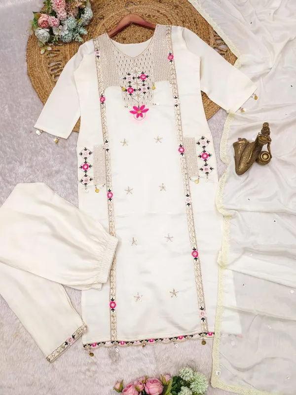 White_Rayon_Embroidered_&_Sequence_Work_Kurta_Pant_&_Dupatta_For_Women