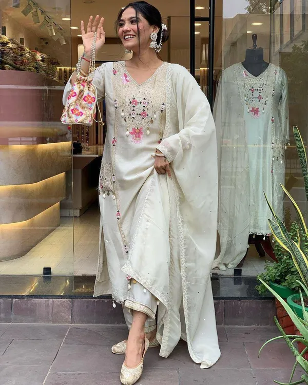 White_Rayon_Embroidered_&_Sequence_Work_Kurta_Pant_&_Dupatta_For_Women